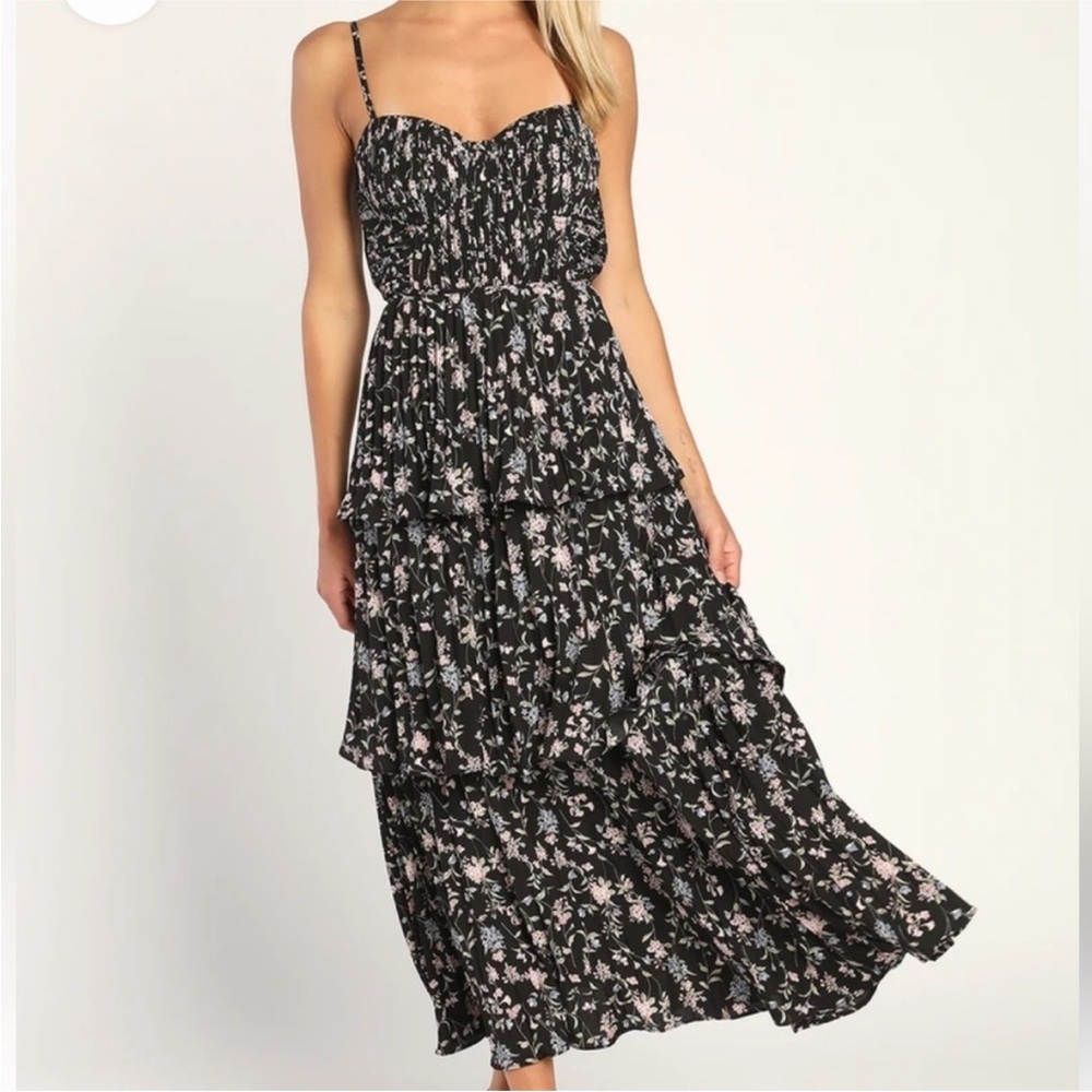 Lulus Cascading Crush Black Floral Print Tiered Bustier Midi Dress SIZE LARGE